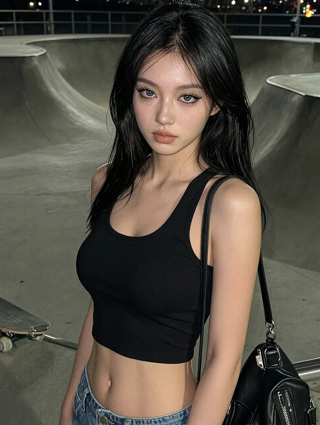 Dark-haired woman in a black tank top and jeans at a skate park at night