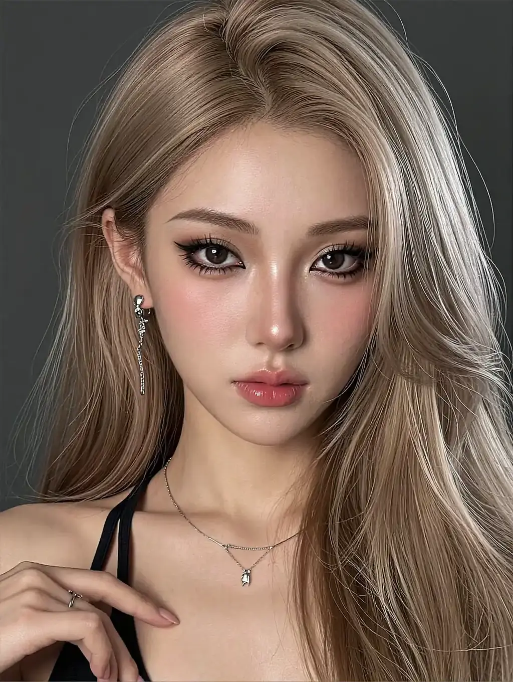 Close-up of a blonde woman in a black strap top on a grey background