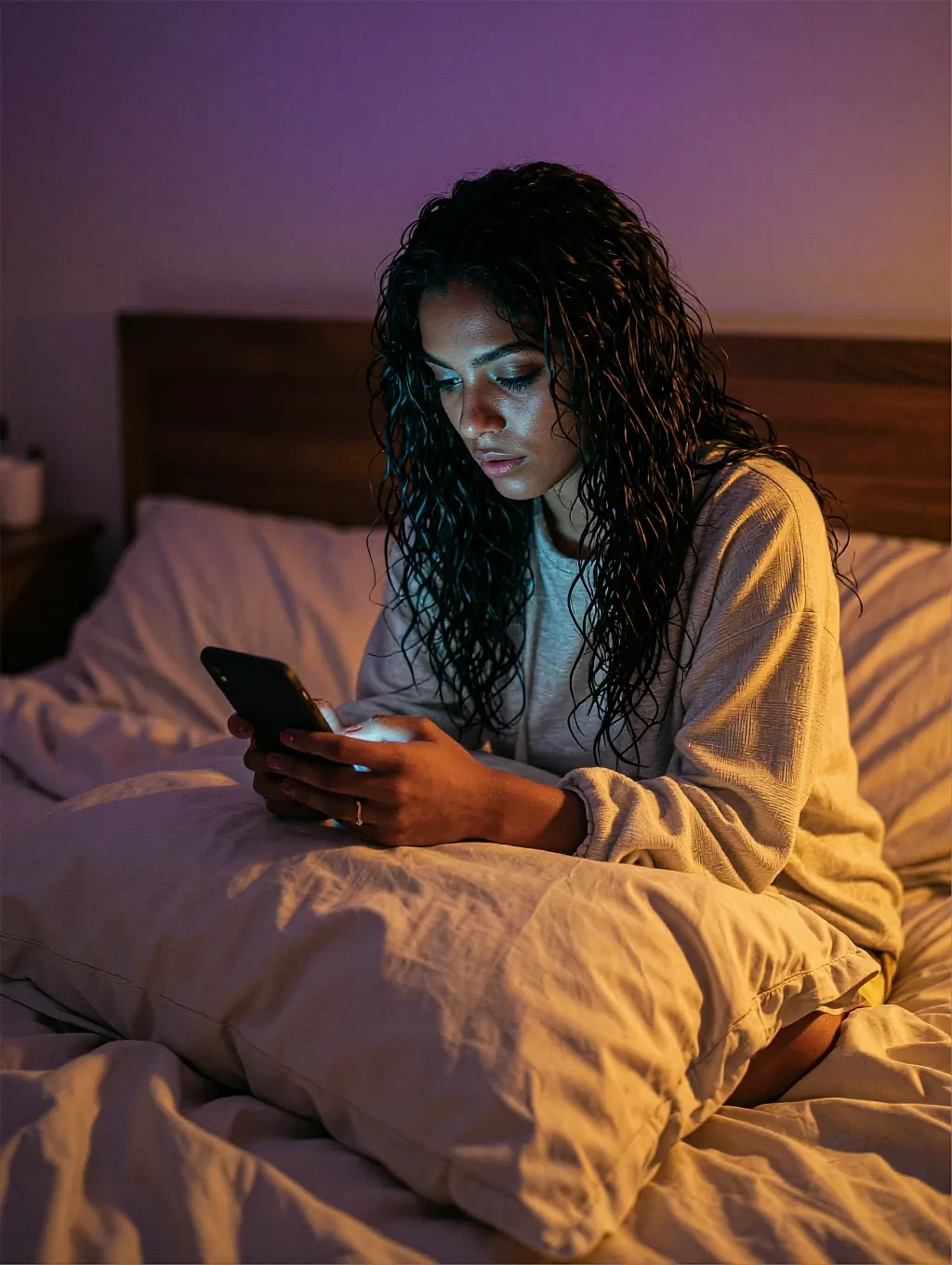 Curly-haired woman in a yellow jacket in bed, lit by a phone screen