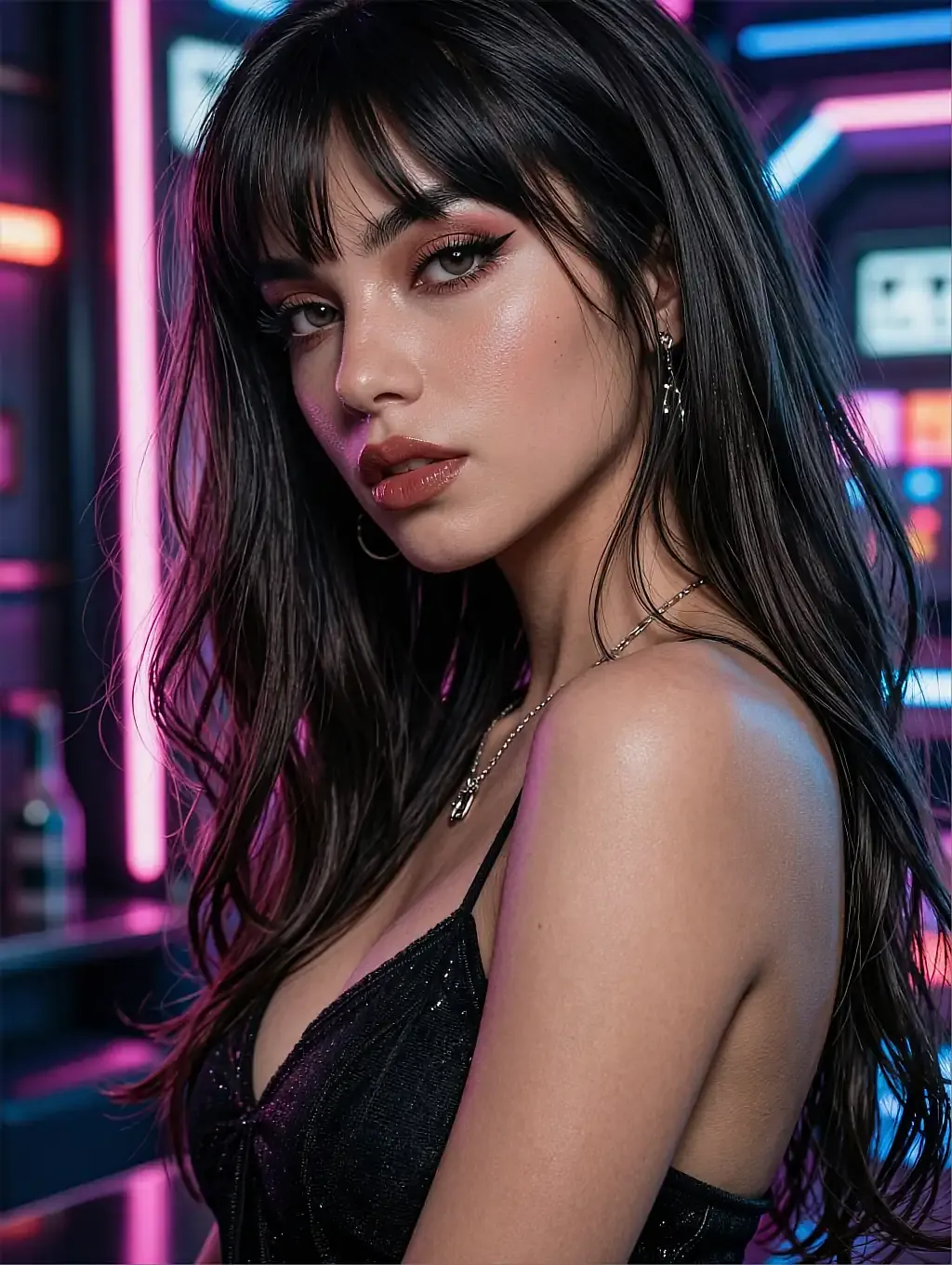 Dark-haired woman with bangs in a black lace top against pink and blue neon